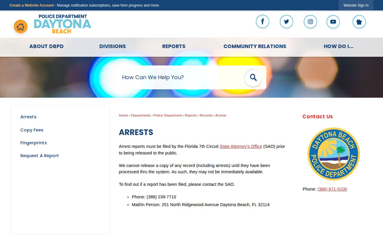 Daytona Beach Police arrest report release instructions
