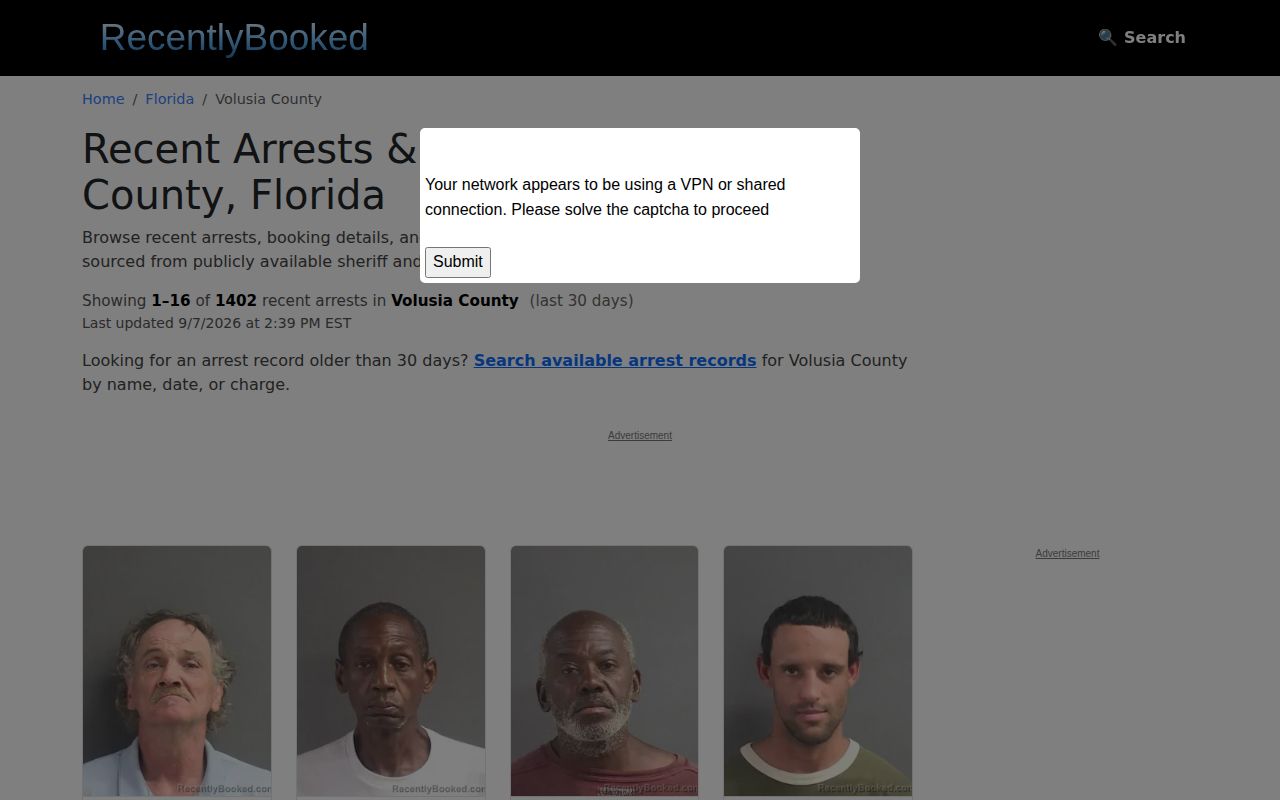 Unofficial RecentlyBooked Volusia County page update notice